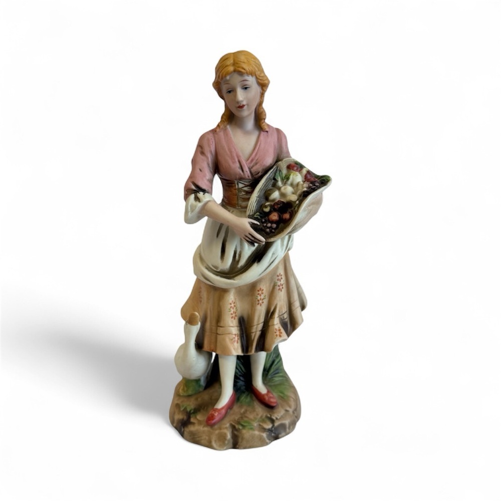 Vintage Homco Porcelain Maiden Figurine with Goose and Fruit Basket